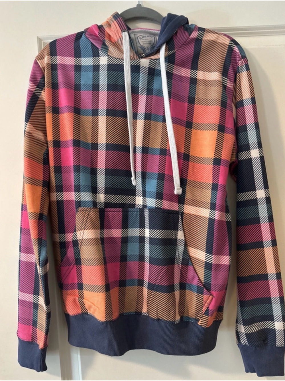 Plaid Hoodie Pullover in Pink, Navy & Tan